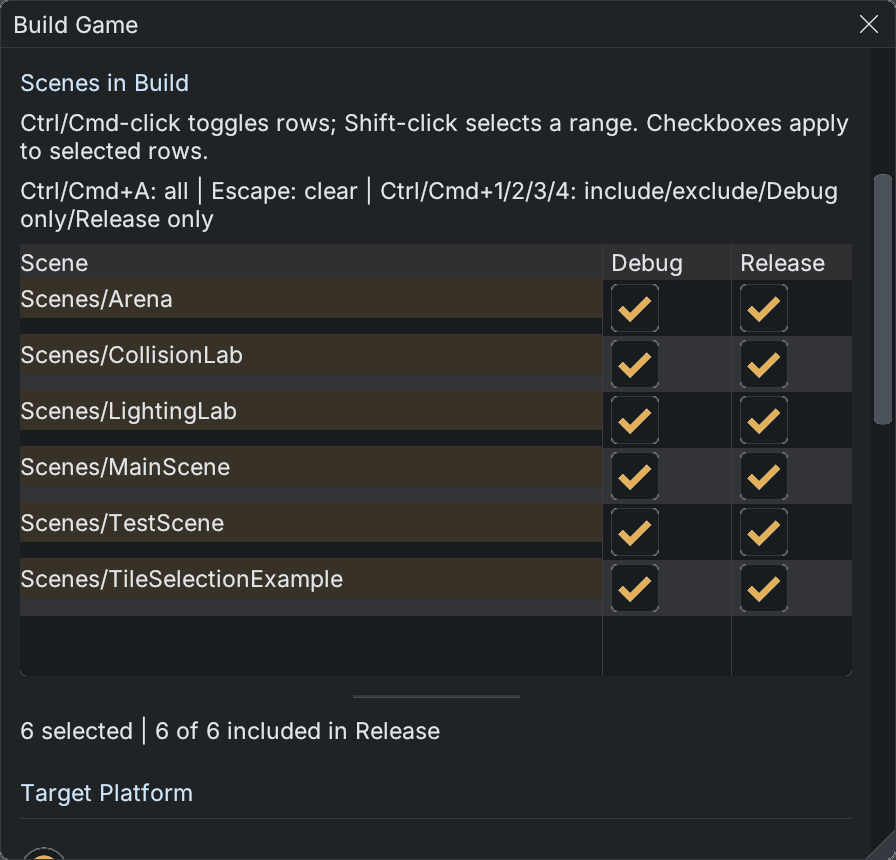 Build Game showing six selected scenes, Debug and Release checkboxes and the vertical resize handle