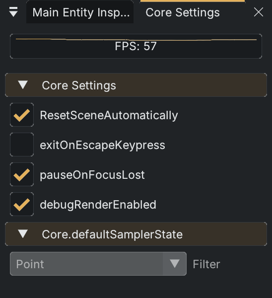 Core Settings with live engine switches and the disabled sampler filter