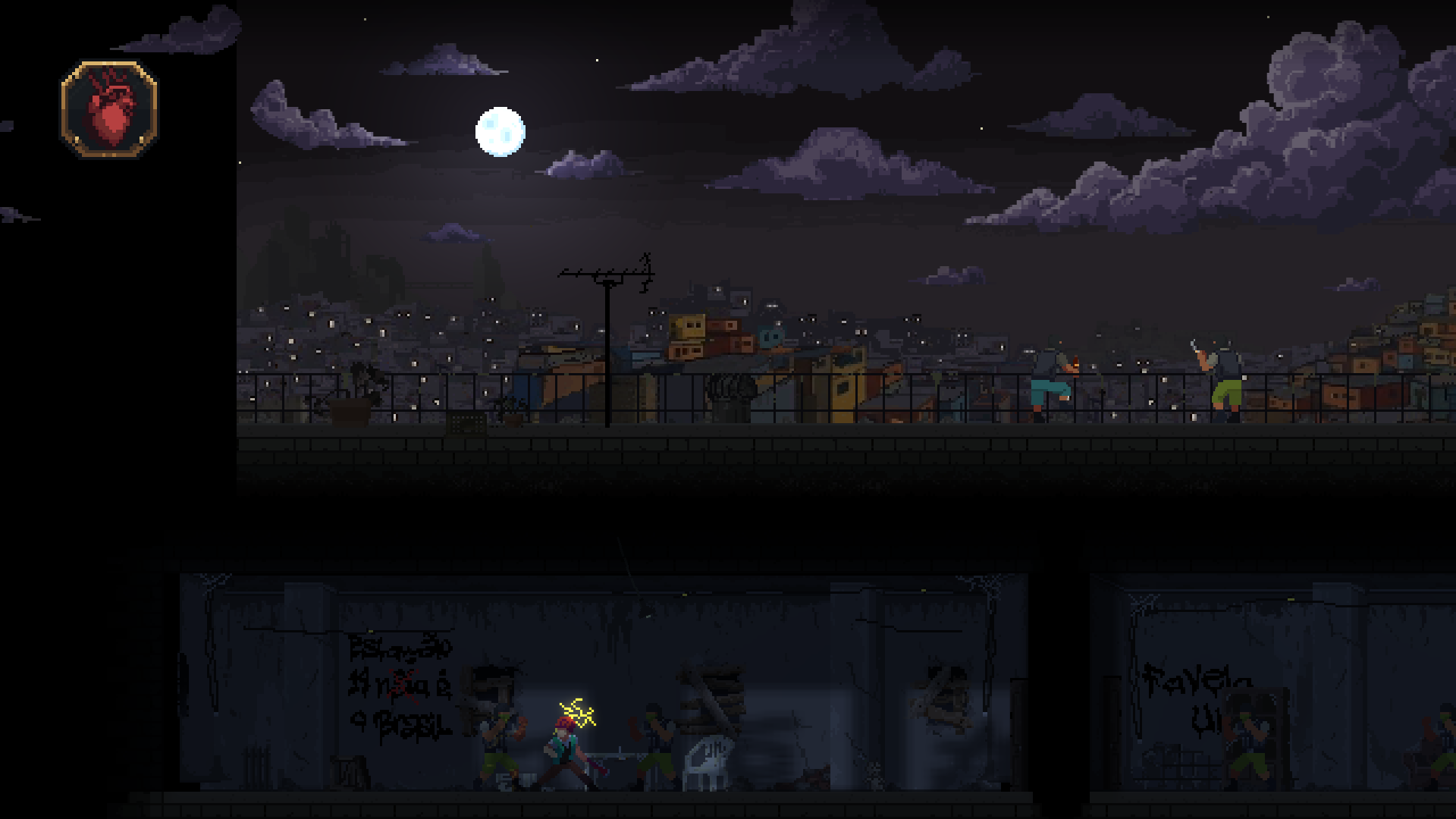Jolt gameplay with pixel art characters and room lighting