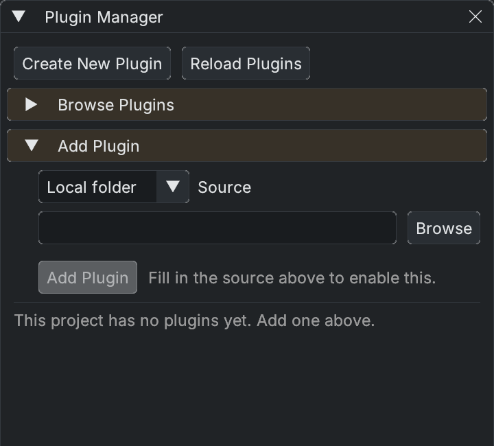 Plugin Manager with the local-folder Add Plugin form open