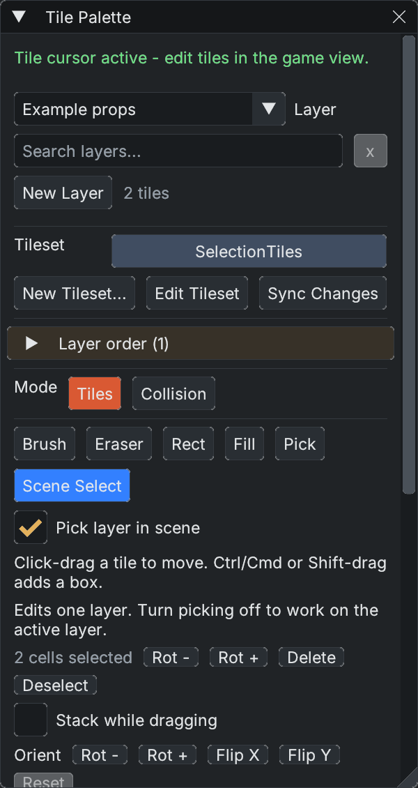Tile Palette with an active layer, wrapped tool buttons and Scene Select controls