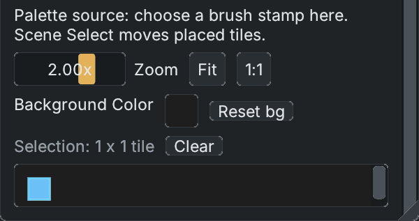 Source atlas controls showing one tile selected for a one-cell brush stamp