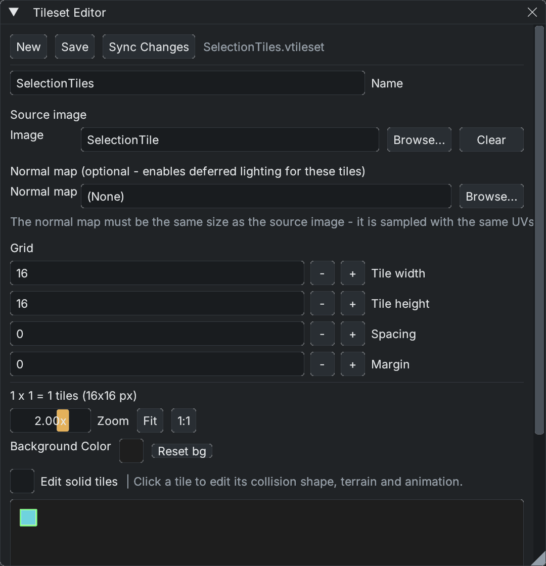 Tileset Editor with a PNG source, 16 by 16 grid, spacing, margin and atlas preview